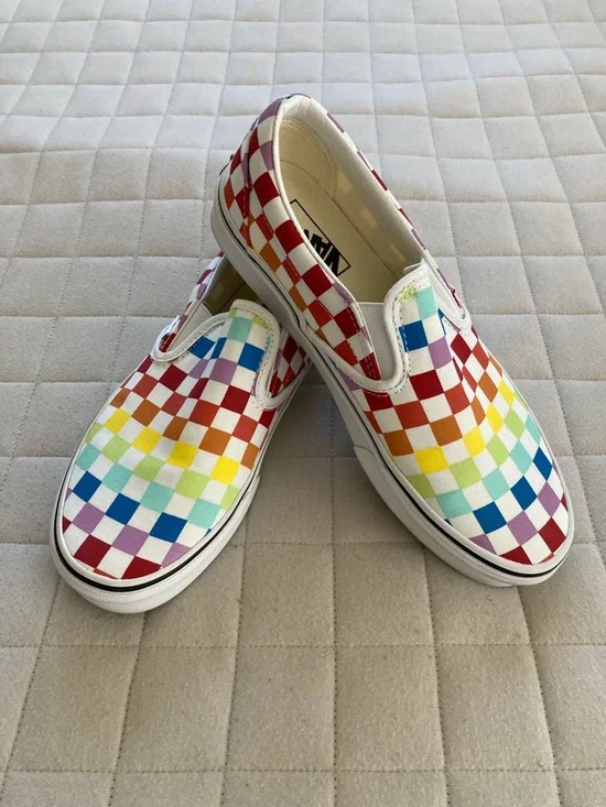 Vans Women’s Slip-On Multicolor Rainbow Checkerboard Sneakers - Picture 2 of 7
